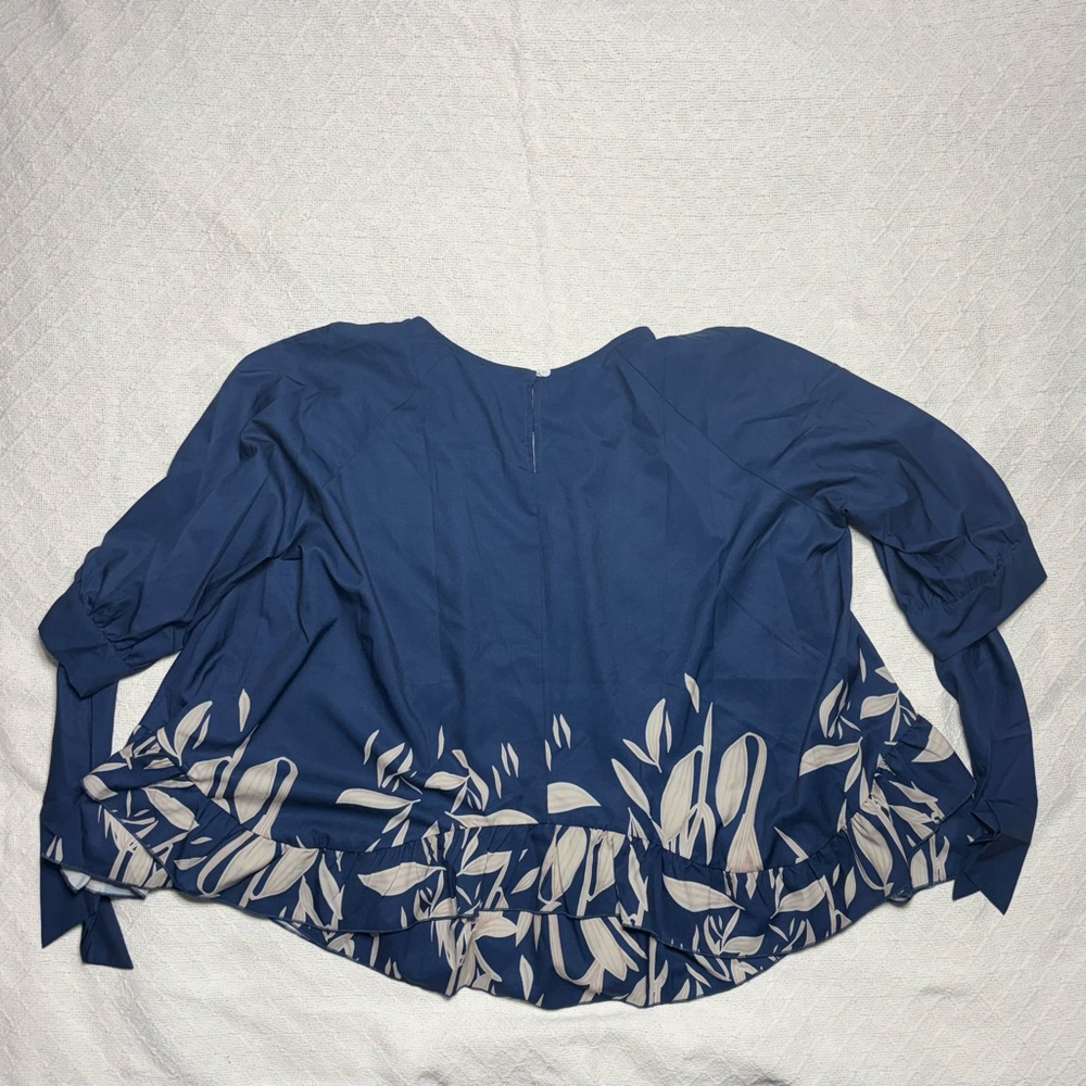Navy Blue & Silver Boho Ruffle Cold Shoulder Floral Crewneck Top Size XL - Picture 4 of 7